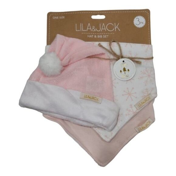 Lila & Jack Set Of 2-   3 pack Pink Holiday Bib &Hat Set - Picture 2 of 5